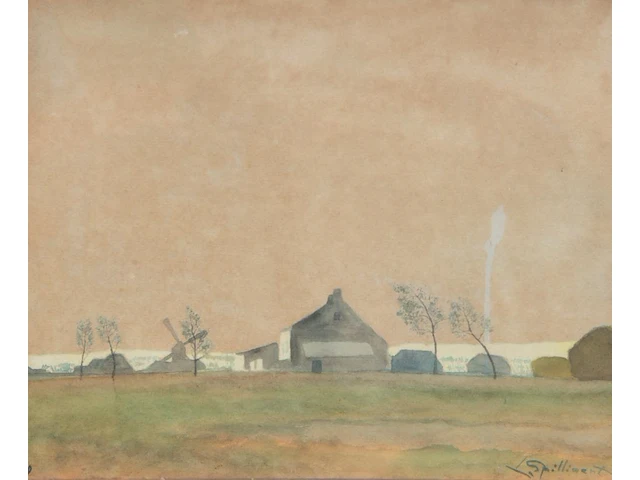 Léon spilliaert (1881-1946), rural landscape with farm and windmill, 1930, watercolour on paper 25 x 30.5 cm. (9.83 x 12.00 in.), frame: 44 x 50.5 cm. (17.32 x 19.87 in.) - afbeelding 1 van  4