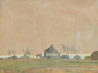 Léon spilliaert (1881-1946), rural landscape with farm and windmill, 1930, watercolour on paper 25 x 30.5 cm. (9.83 x 12.00 in.), frame: 44 x 50.5 cm. (17.32 x 19.87 in.)