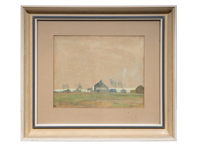 Léon spilliaert (1881-1946), rural landscape with farm and windmill, 1930, watercolour on paper 25 x 30.5 cm. (9.83 x 12.00 in.), frame: 44 x 50.5 cm. (17.32 x 19.87 in.) - afbeelding 2 van  4