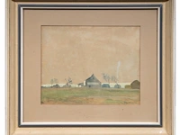 Léon spilliaert (1881-1946), rural landscape with farm and windmill, 1930, watercolour on paper 25 x 30.5 cm. (9.83 x 12.00 in.), frame: 44 x 50.5 cm. (17.32 x 19.87 in.) - afbeelding 2 van  4