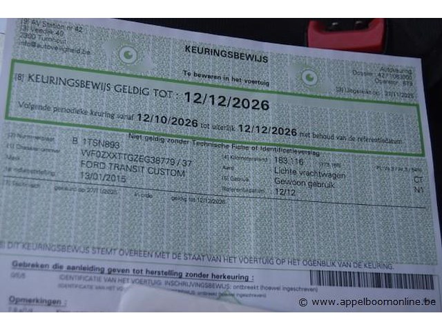 Lichte vrachtw ford transit custom, wf0zxxttgzeg38779, 1e insch 13/01/2015, 2198cm³, 74kw,iesel, euro5b, 183116km vlgs ltst keuring (2025), inschrijvingsbewijs i en ii, keuringsbewijs (geldig tot 12/12/2026),gelijkvormigheidsattest,identificatieverslag - afbeelding 9 van  18
