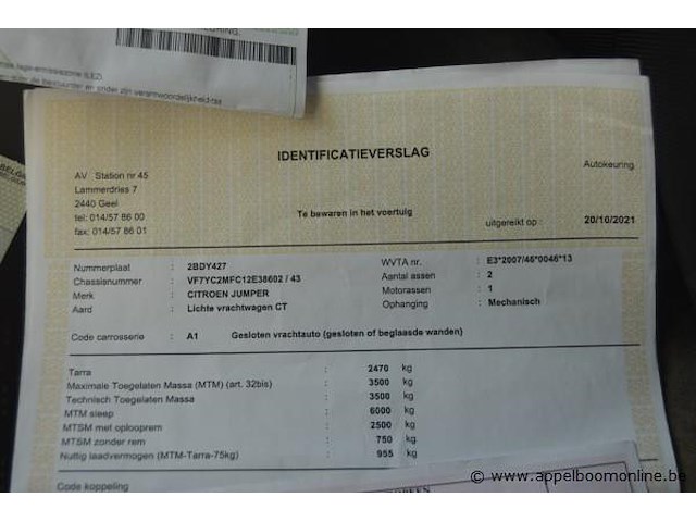 Lichte vrachtwagen citroen, jumper, vf7yc2mfc12e38602, 1e insch 30/05/2017, 1997cm³, 96kw, diesel, euro 6, 116381km, inschrijvingsbewijs deel i en ii, keuringsbewijs (geldig tot 14/10/2026), gelijkvormigheidsattest, identificatieverslag - afbeelding 6 van  17