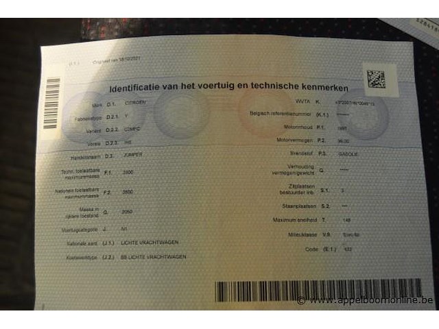 Lichte vrachtwagen citroen, jumper, vf7yc2mfc12e38602, 1e insch 30/05/2017, 1997cm³, 96kw, diesel, euro 6, 116381km, inschrijvingsbewijs deel i en ii, keuringsbewijs (geldig tot 14/10/2026), gelijkvormigheidsattest, identificatieverslag - afbeelding 9 van  17