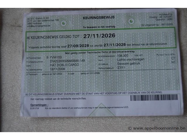 Lichte vrachtwagen fiat, doblo cargo, zfa22300005660585, 1e insch 18/11/2008, 1368cm³, 57kw, benzine, euro 4, 109602km, inschrijvingsbewijs deel i en ii, keuringsbewijs (geldig tot 27/11/2026), gelijkvormigheidsattest, identificatieverslag - afbeelding 17 van  20