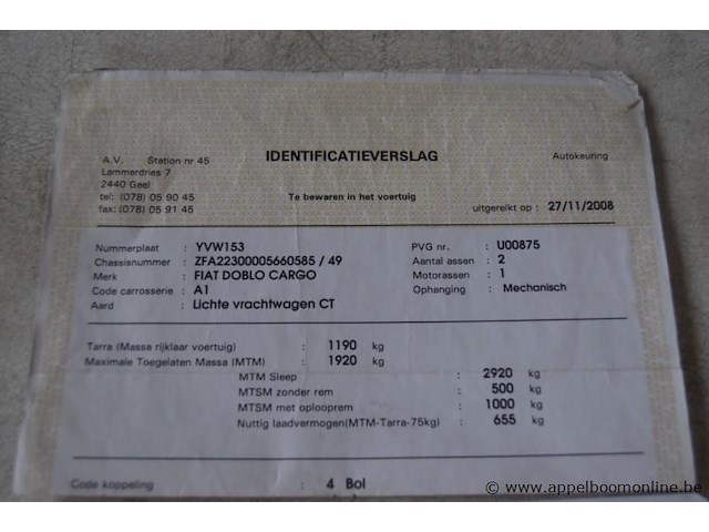 Lichte vrachtwagen fiat, doblo cargo, zfa22300005660585, 1e insch 18/11/2008, 1368cm³, 57kw, benzine, euro 4, 109602km, inschrijvingsbewijs deel i en ii, keuringsbewijs (geldig tot 27/11/2026), gelijkvormigheidsattest, identificatieverslag - afbeelding 18 van  20