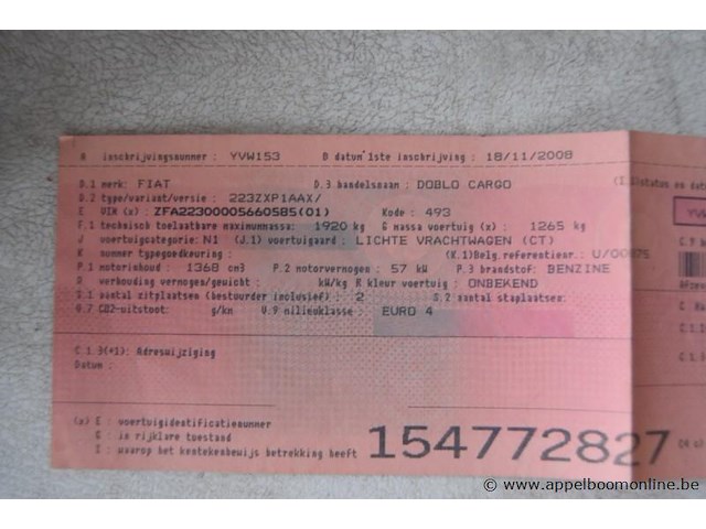 Lichte vrachtwagen fiat, doblo cargo, zfa22300005660585, 1e insch 18/11/2008, 1368cm³, 57kw, benzine, euro 4, 109602km, inschrijvingsbewijs deel i en ii, keuringsbewijs (geldig tot 27/11/2026), gelijkvormigheidsattest, identificatieverslag - afbeelding 19 van  20