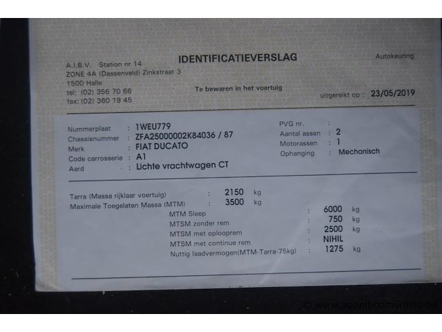 Lichte vrachtwagen fiat, ducato, zfa25000002k84036, 1e insch 15/05/2019, 2287cm³, 96kw, diesel, euro 6b, 85297km, inschrijvingsbewijs deel i en ii, ongeldig keuringsbewijs , gelijkvormigheidsattest, identificatieverslag - afbeelding 8 van  21