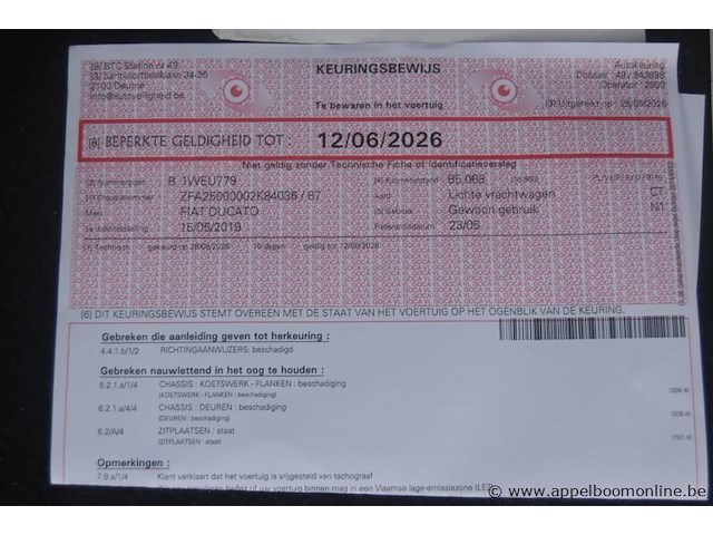 Lichte vrachtwagen fiat, ducato, zfa25000002k84036, 1e insch 15/05/2019, 2287cm³, 96kw, diesel, euro 6b, 85297km, inschrijvingsbewijs deel i en ii, ongeldig keuringsbewijs , gelijkvormigheidsattest, identificatieverslag - afbeelding 9 van  21