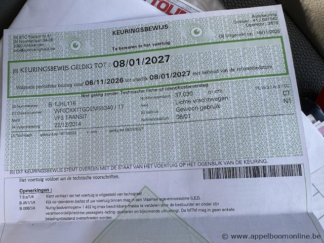Lichte vrachtwagen ford transit, 1ste inschrijving 22/12/2014, chassisnr wf0dxxttgdem55340, 46587km, diesel euro 5, ttm 3500, kipper - afbeelding 13 van  13