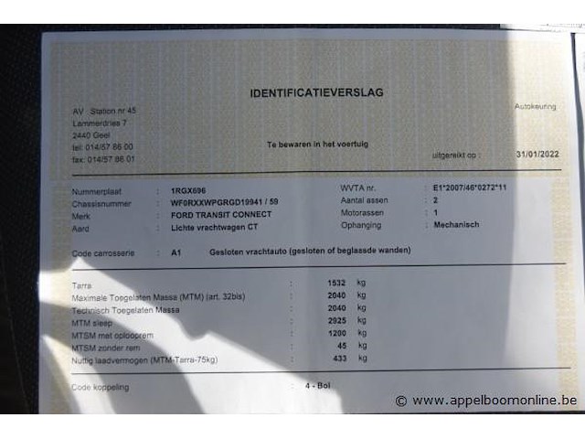 Lichte vrachtwagen ford, transit connect, wf0rxxwpgrgd19941, 1e insch 21/12/2016, 1498cm³, 88.20kw, diesel, euro 6b, 186244km, inschrijvingsbewijs deel i, keuringsbewijs (geldig tot 26/12/2026), gelijkvormigheidsattest, identificatieverslag - afbeelding 9 van  22