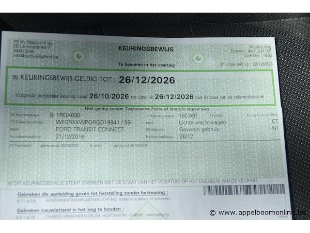 Lichte vrachtwagen ford, transit connect, wf0rxxwpgrgd19941, 1e insch 21/12/2016, 1498cm³, 88.20kw, diesel, euro 6b, 186244km, inschrijvingsbewijs deel i, keuringsbewijs (geldig tot 26/12/2026), gelijkvormigheidsattest, identificatieverslag - afbeelding 11 van  22