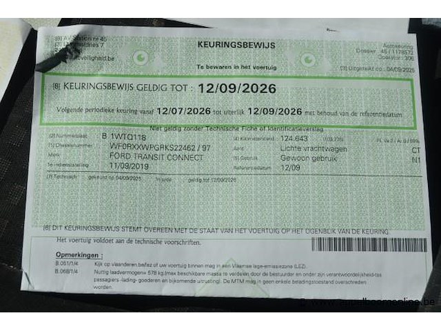 Lichte vrachtwagen ford, transit connect, wf0rxxwpgrks22462, 1e insch 11/09/2019, 1499cm³, 55kw, diesel, 124643km, inschrijvingsbewijs deel i en ii, keuringsbewijs (geldig tot 12/09/2026), identificatieverslag, gelijkvormigheidsattest - afbeelding 6 van  18