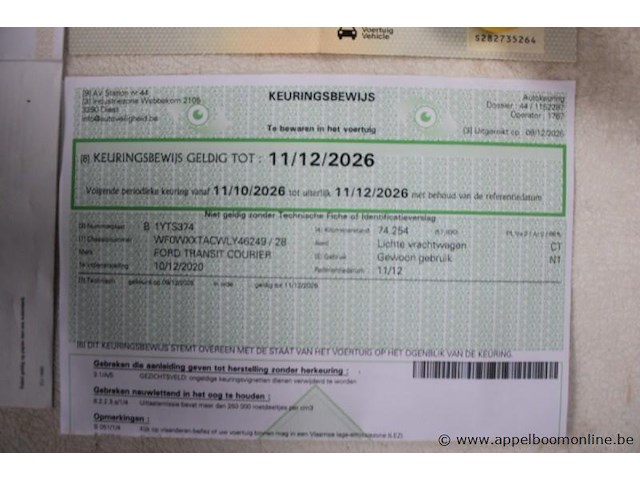 Lichte vrachtwagen ford, transit courier, wf0wxxtacwly46249, 1e insch 10/12/2020, 1499cm³, 55kw, diesel, 79867km, inschrijvingsbewijs deel i, keuringsbewijs (geldig tot 11/12/2026), gelijkvormigheidsattest, identificatieverslag - afbeelding 7 van  20