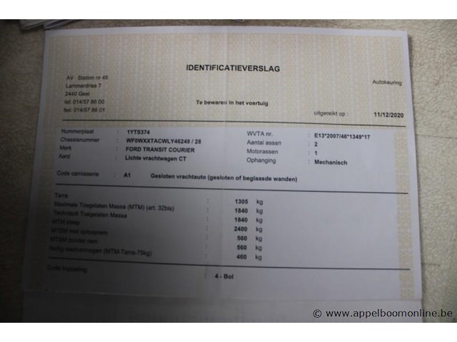 Lichte vrachtwagen ford, transit courier, wf0wxxtacwly46249, 1e insch 10/12/2020, 1499cm³, 55kw, diesel, 79867km, inschrijvingsbewijs deel i, keuringsbewijs (geldig tot 11/12/2026), gelijkvormigheidsattest, identificatieverslag - afbeelding 10 van  20