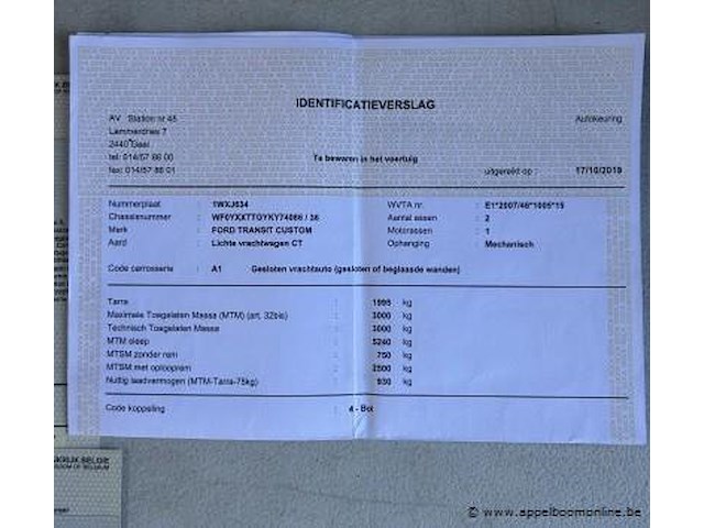 Lichte vrachtwagen ford, transit custom, wf0xxttgyky74086, 1e insch 15/10/2019, 1995cm³, 96kw, diesel, euro 6d, 79428km, inschrijvingsbewijs deel i en ii, keuringsbewijs (geldig tot 17/10/2026), gelijkvormigheidsattest, identificatieverslag - afbeelding 9 van  20