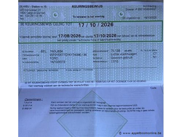 Lichte vrachtwagen ford, transit custom, wf0xxttgyky74086, 1e insch 15/10/2019, 1995cm³, 96kw, diesel, euro 6d, 79428km, inschrijvingsbewijs deel i en ii, keuringsbewijs (geldig tot 17/10/2026), gelijkvormigheidsattest, identificatieverslag - afbeelding 10 van  20