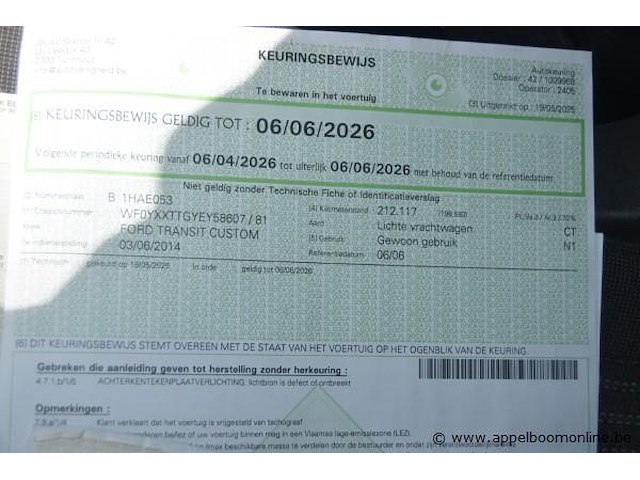 Lichte vrachtwagen ford, transit custom, wf0yxxttgyey58607, 1e insch 03/06/2014, 2198cm³, 74kw, diesel, euro 5b, 226046km, inschrijvingsbewijs deel i en ii, keuringsbewijs (geldig tot 06/06/2026), gelijkvormigheidsattest, identificatieverslag - afbeelding 9 van  19