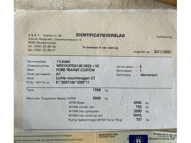 Lichte vrachtwagen ford, transit custom, wf0yxxttgyjb12822, 1e insch 26/11/2018, 1995cm³, 96kw, diesel, euro 6b, 253062km, inschrijvingsbewijs deel i en ii, keuringsbewijs (geldig tot 27/11/2026), gelijkvormigheidsattest, identificatieverslag - afbeelding 7 van  20