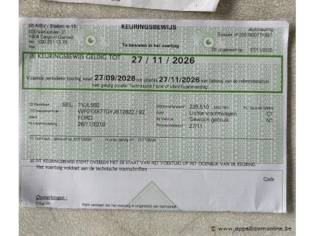 Lichte vrachtwagen ford, transit custom, wf0yxxttgyjb12822, 1e insch 26/11/2018, 1995cm³, 96kw, diesel, euro 6b, 253062km, inschrijvingsbewijs deel i en ii, keuringsbewijs (geldig tot 27/11/2026), gelijkvormigheidsattest, identificatieverslag - afbeelding 11 van  20