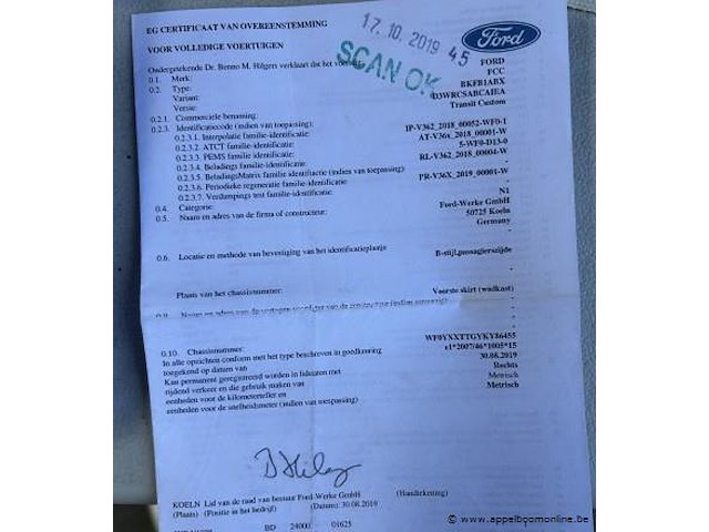 Lichte vrachtwagen ford, transit custom, wf0yxxttgyk86455, 1e insch 15/10/2019, 1995cm³, 96kw, diesel, euro 6d, 111758km, inschrijvingsbewijs deel i en ii, keuringsbewijs (geldig tot 17/10/2026), gelijkvormigheidsattest, identificatieverslag - afbeelding 8 van  20