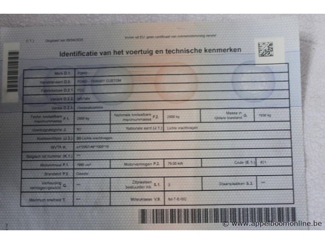 Lichte vrachtwagen ford, transit custom, wf0yxxttgykp52215, 1e insch 31/01/2020, 1995cm³, 77kw, diesel, euro 6d, 127978km, inschrijvingsbewijs deel i, keuringsbewijs, identificatieverslag - afbeelding 9 van  20