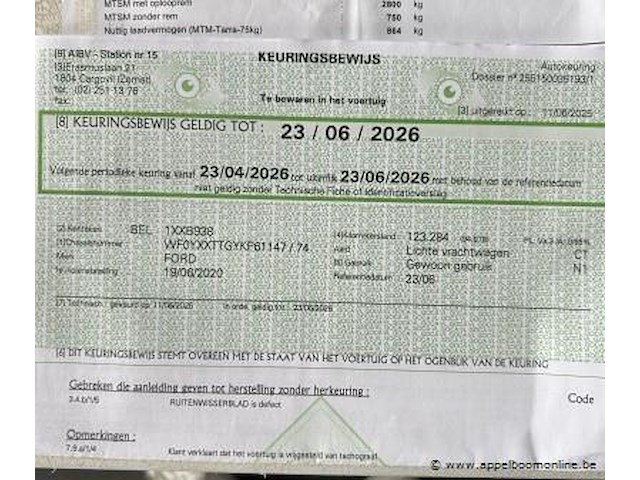 Lichte vrachtwagen ford, transit custom, wf0yxxttgykp61147, 1e insch 19/06/2020, 1995cm³, 96.00kw, diesel, euro 6b, 138878km, inschrijvingsbewijs deel i en ii, keuringsbewijs (geldig tot 23/06/2026), gelijkvormigheidsattest, identificatieverslag - afbeelding 10 van  21