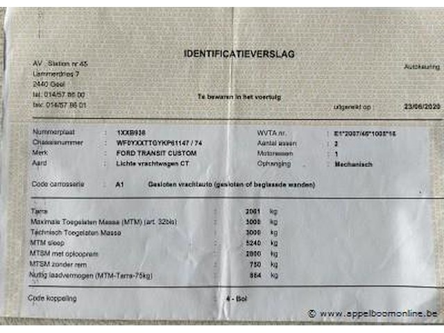 Lichte vrachtwagen ford, transit custom, wf0yxxttgykp61147, 1e insch 19/06/2020, 1995cm³, 96.00kw, diesel, euro 6b, 138878km, inschrijvingsbewijs deel i en ii, keuringsbewijs (geldig tot 23/06/2026), gelijkvormigheidsattest, identificatieverslag - afbeelding 11 van  21