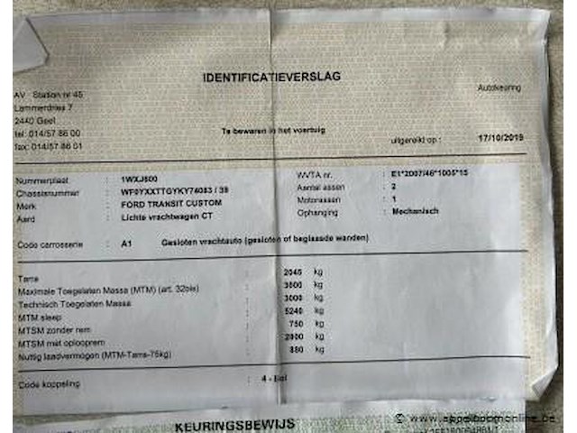 Lichte vrachtwagen ford, transit custom, wf0yxxttgyky74083, 1e insch 15/10/2019, 1995cm³, 95.60kw, diesel, euro 6d, 216356km vlgs ltst keuring, inschrijvingsbewijs deel i en ii, keuringsbewijs (10/2026), gelijkvormigheidsattest, identificatieverslag - afbeelding 8 van  19