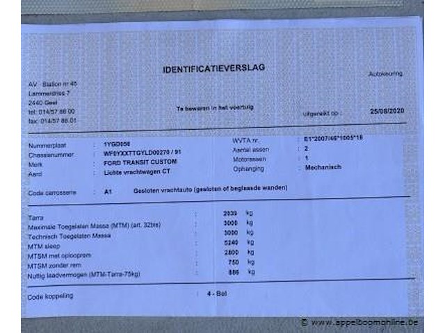 Lichte vrachtwagen ford, transit custom, wf0yxxttgyld00270, 1e insch 20/08/2020, 1995cm³, 96kw, diesel, euro 6d, 94653km, inschrijvingsbewijs deel i, keuringsbewijs (geldig tot 25/08/2026), gelijkvormigheidsattest, identificatieverslag - afbeelding 8 van  20