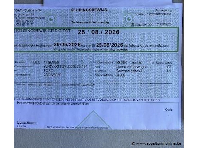 Lichte vrachtwagen ford, transit custom, wf0yxxttgyld00270, 1e insch 20/08/2020, 1995cm³, 96kw, diesel, euro 6d, 94653km, inschrijvingsbewijs deel i, keuringsbewijs (geldig tot 25/08/2026), gelijkvormigheidsattest, identificatieverslag - afbeelding 9 van  20