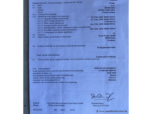 Lichte vrachtwagen ford, transit custom, wf0yxxttgyld00270, 1e insch 20/08/2020, 1995cm³, 96kw, diesel, euro 6d, 94653km, inschrijvingsbewijs deel i, keuringsbewijs (geldig tot 25/08/2026), gelijkvormigheidsattest, identificatieverslag - afbeelding 10 van  20