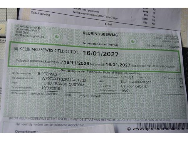 Lichte vrachtwagen ford, transit custom, wf0zxxttgzfs12431, 1e insch 19/08/2015, 2198cm³, 74kw, diesel, euro 5b, 176507km, inschrijvingsbewijs deel i en ii, keuringsbewijs (geldig tot 16/01/2027), gelijkvormigheidsattest, identificatieverslag - afbeelding 10 van  21