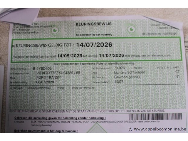 Lichte vrachtwagen ford, transit, wf0exxttreku04389, 1e insch 06/07/2020, 1995cm³, 96kw, diesel, euro 6, 82524km, inschrijvingsbewijs deel i en ii, keuringsbewijs (geldig tot 14/07/2026), gelijkvormigheidsattest, identificatieverslag - afbeelding 8 van  19
