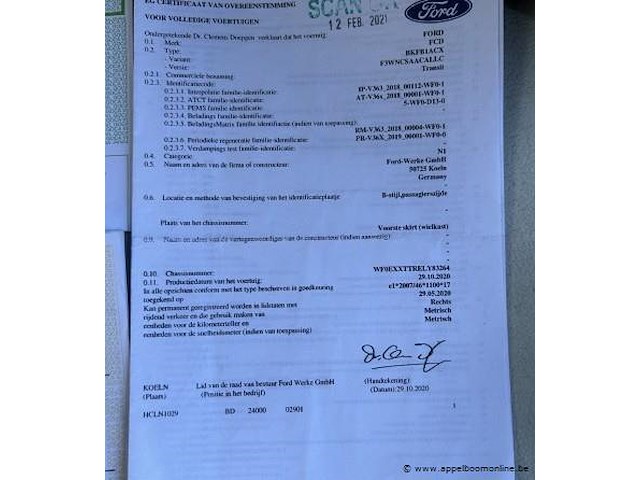 Lichte vrachtwagen ford, transit, wf0exxttrely83264, 1e insch 11/02/2021, 1995cm³, 95.60kw, diesel, euro 6d, 92051km, inschrijvingsbewijs deel i en ii, keuringsbewijs (geldig tot 12/02/2027), gelijkvormigheidsattest, identificatieverslag - afbeelding 7 van  17