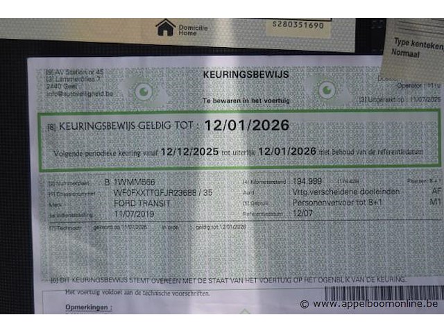 Lichte vrachtwagen ford, transit, wf0fxxttgfjr23688, 1e insch 11/07/2019, 1995cm³, 96kw, diesel, euro 6d, 194999km vlgs ltst keuring (2025), inschrijvingsbewijs deel i en ii, keuringsbewijs (geldig tot 12/01/2026), gelijkvormigheidsattest - afbeelding 4 van  14