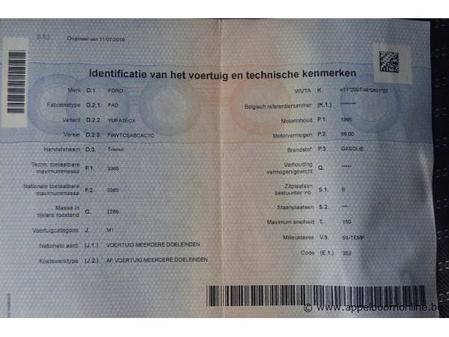 Lichte vrachtwagen ford, transit, wf0fxxttgfjr23688, 1e insch 11/07/2019, 1995cm³, 96kw, diesel, euro 6d, 194999km vlgs ltst keuring (2025), inschrijvingsbewijs deel i en ii, keuringsbewijs (geldig tot 12/01/2026), gelijkvormigheidsattest - afbeelding 6 van  14