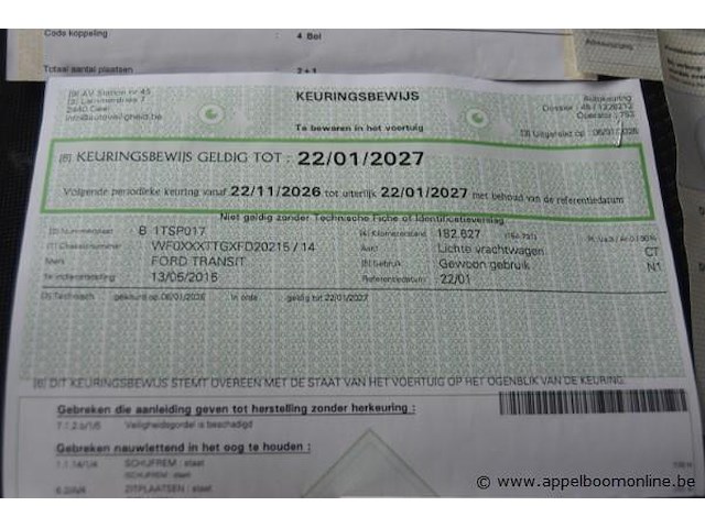 Lichte vrachtwagen ford, transit, wf0xxxttgxfd20215, 1e insch 13/05/2015, 2198cm³, 92kw, diesel, euro 5b, 182631km, inschrijvingsbewijs deel i en ii, keuringsbewijs (geldig tot 22/01/2027), gelijkvormigheidsattest, identificatieverslag - afbeelding 7 van  19