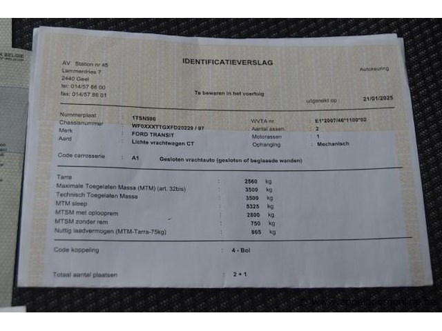 Lichte vrachtwagen ford, transit, wf0xxxttgxfd20229, 1e insch 13/05/2015, 2198cm³, 92kw, diesel, euro 5b, 143532km, inschrijvingsbewijs deel i en ii, keuringsbewijs (geldig tot 22/01/2027), gelijkvormigheidsattest, identificatieverslag - afbeelding 7 van  19