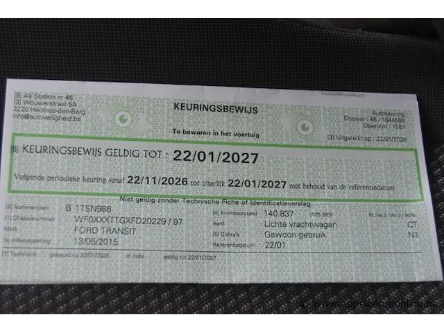 Lichte vrachtwagen ford, transit, wf0xxxttgxfd20229, 1e insch 13/05/2015, 2198cm³, 92kw, diesel, euro 5b, 143532km, inschrijvingsbewijs deel i en ii, keuringsbewijs (geldig tot 22/01/2027), gelijkvormigheidsattest, identificatieverslag - afbeelding 8 van  19