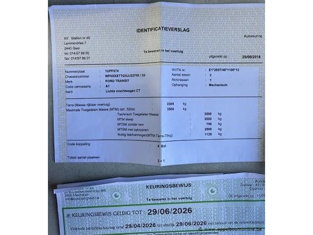 Lichte vrachtwagen ford, transit, wf0xxxttgxjj27550, 1e insch 28/06/2018, 1996cm³, 96kw, diesel, euro 6b, 125341km, inschrijvingsbewijs deel i en ii, keuringsbewijs (geldig tot 29/06/2026), gelijkvormigheidsattest, identificatieverslag - afbeelding 7 van  18