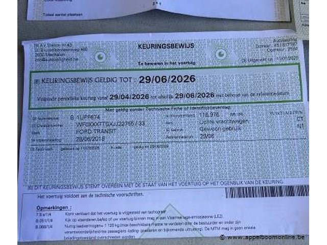 Lichte vrachtwagen ford, transit, wf0xxxttgxjj27550, 1e insch 28/06/2018, 1996cm³, 96kw, diesel, euro 6b, 125341km, inschrijvingsbewijs deel i en ii, keuringsbewijs (geldig tot 29/06/2026), gelijkvormigheidsattest, identificatieverslag - afbeelding 8 van  18