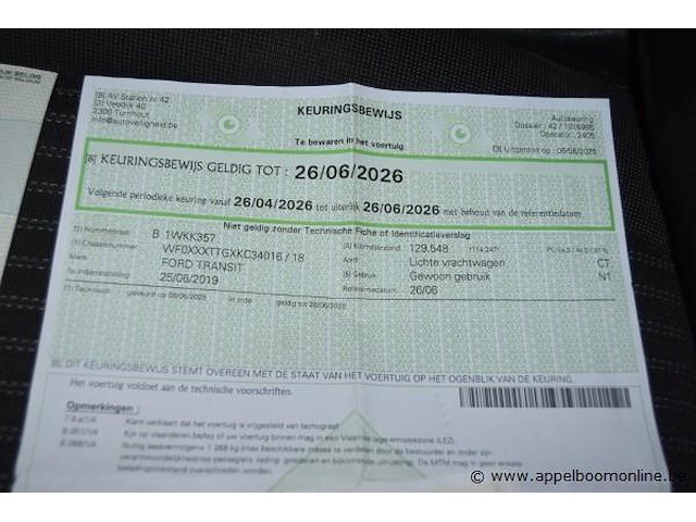 Lichte vrachtwagen ford, transit, wf0xxxttgxkc34016, 1e insch 25/06/2019, 1995cm³, 96kw, diesel, euro 6b, 143959km, inschrijvingsbewijs deel i en ii, keuringsbewijs (geldig tot 26/06/2026), gelijkvormigheidsattest, identificatieverslag - afbeelding 11 van  19
