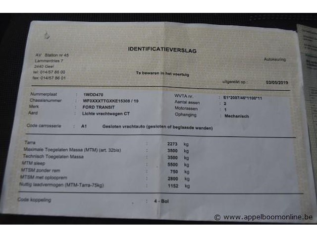 Lichte vrachtwagen ford, transit, wf0xxxttgxke15308, 1e insch 30/04/2019, 1995cm³, 96kw, diesel, euro 6b, 144800km, inschrijvingsbewijs deel i, identificatieverslag, koper ontvangt een attest van verlies van de boorddocumenten van de gerechtsdeurwaarder - afbeelding 7 van  17