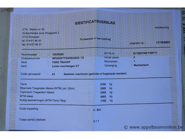 Lichte vrachtwagen ford, transit, wf0xxxttgxke24025, 1e insch 30/09/2019, 1995cm³, 96kw, diesel, euro 6b, 86861km, inschrijvingsbewijs deel i en ii, keuringsbewijs (geldig tot 15/10/2026), gelijkvormigheidsattest, identificatieverslag - afbeelding 8 van  22