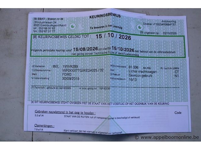 Lichte vrachtwagen ford, transit, wf0xxxttgxke24025, 1e insch 30/09/2019, 1995cm³, 96kw, diesel, euro 6b, 86861km, inschrijvingsbewijs deel i en ii, keuringsbewijs (geldig tot 15/10/2026), gelijkvormigheidsattest, identificatieverslag - afbeelding 14 van  22