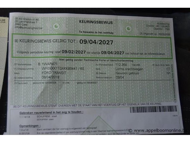 Lichte vrachtwagen ford, transit, wf0xxxttgxkk60441, 1e insch 08/04/2019, 1995cm³, 96.00kw, diesel, euro 6b, 112374km, inschrijvingsbewijs deel i en ii, keuringsbewijs (geldig tot 09/04/2027), gelijkvormigheidsattest, identificatieverslag - afbeelding 7 van  18