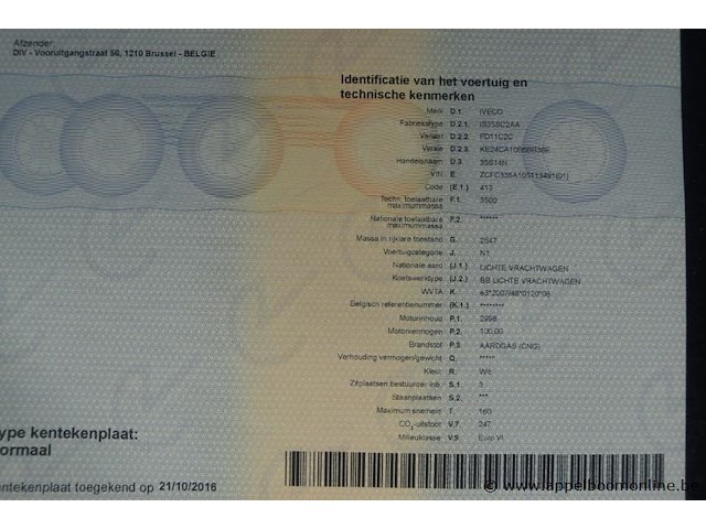 Lichte vrachtwagen iveco, 35s14n, zcfc335a105113491, 1e insch 21/10/2016, 2998cm³, 100kw, cng, euro 6, 91110km, inschrijvingsbewijs deel i en ii, keuringsbewijs (geldig tot 10/11/2026), gelijkvormigheidsattest, identificatieverslag - afbeelding 8 van  17