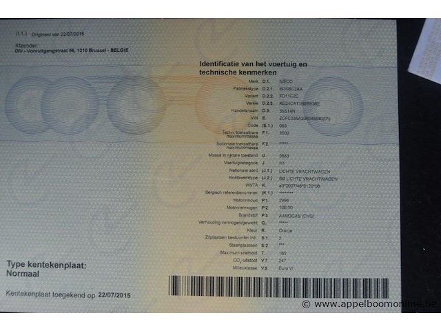 Lichte vrachtwagen iveco, 35s14n, zcfc335a205045640, 1e insch 22/07/2015, 2998cm³, 100kw, aardgas, euro 6, 22345km, inschrijvingsbewijs deel i en ii, keuringsbewijs (geldig tot 01/01/2027), gelijkvormigheidsattest, identificatieverslag - afbeelding 9 van  18