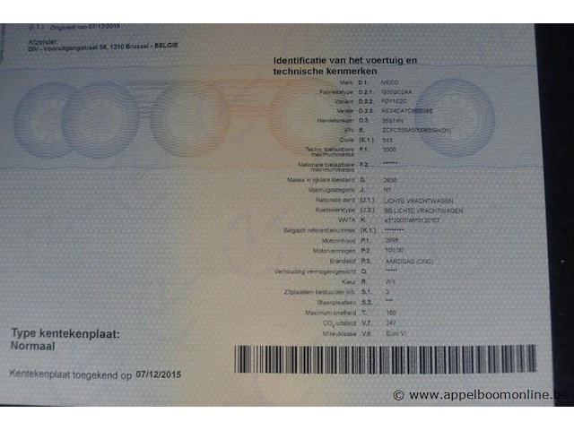 Lichte vrachtwagen iveco, 35s14n, zcfc335a505066594, 1e insch 07/12/2015, 2998cm³, 100kw, cng, euro 6, 62724km vlgs ltst keuring (2025), inschrijvingsbewijs deel i en ii, keuringsbewijs (geldig tot 10/12/2026), gelijkvormigheidsattest, identificatieverslag - afbeelding 4 van  12