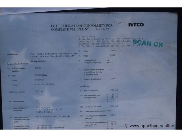 Lichte vrachtwagen iveco, 35s14n, zcfc335a505066594, 1e insch 07/12/2015, 2998cm³, 100kw, cng, euro 6, 62724km vlgs ltst keuring (2025), inschrijvingsbewijs deel i en ii, keuringsbewijs (geldig tot 10/12/2026), gelijkvormigheidsattest, identificatieverslag - afbeelding 10 van  12